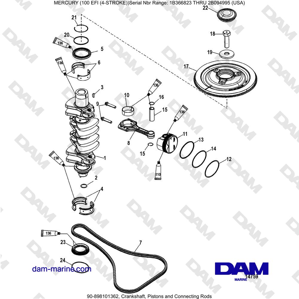 Vue éclatée VILEBREQUIN, PISTONS ET BIELLES pour moteur Mercruiser EFI 100 (4-STROKE)