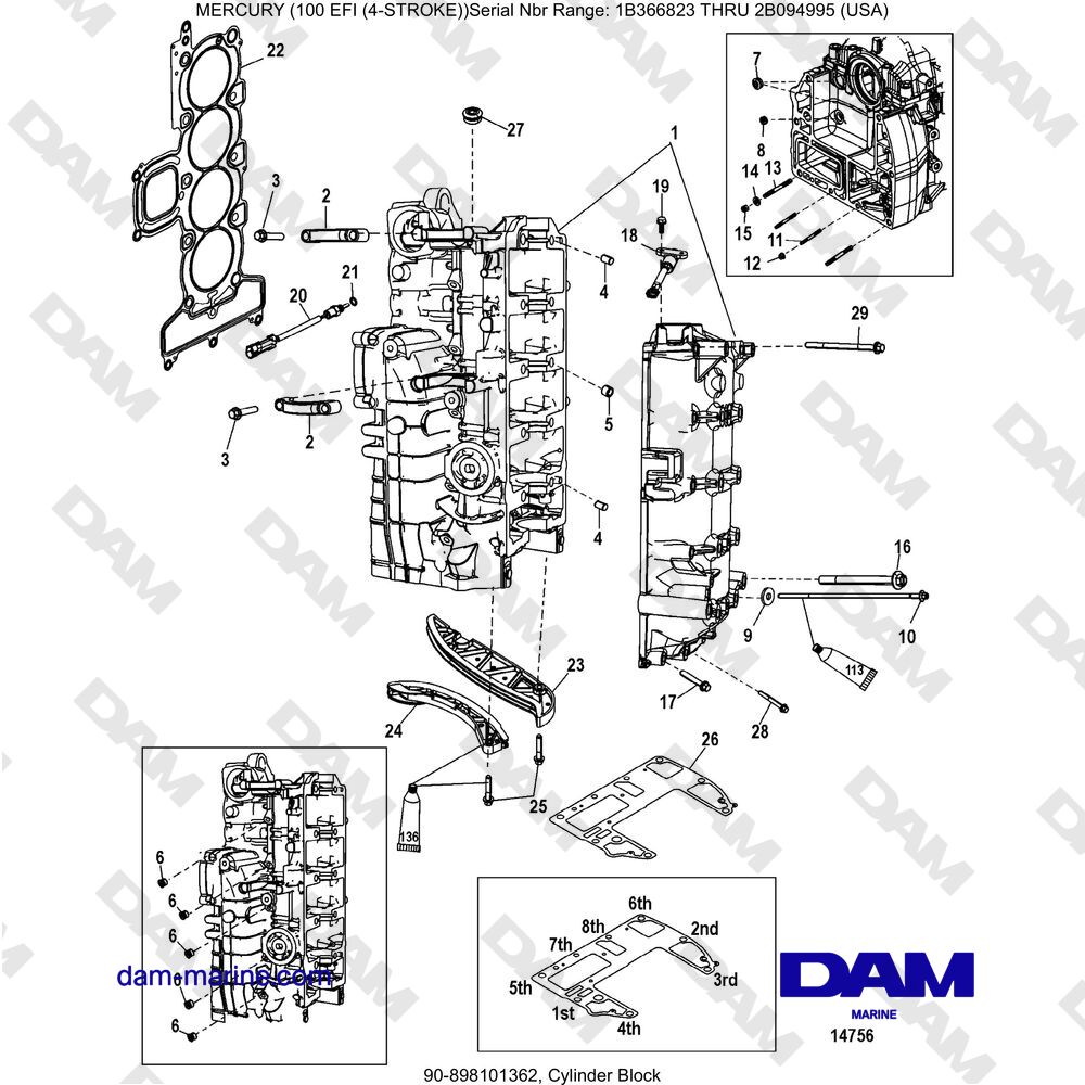 Vue éclatée BLOC-CYLINDRES pour moteur Mercruiser EFI 100 (4-STROKE)
