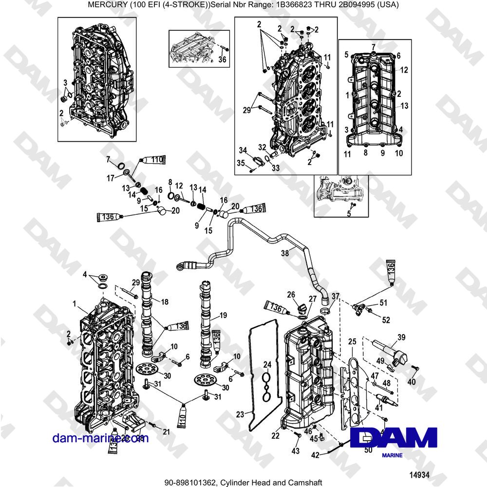 Vue éclatée CULASSE ET ARBRE À CAMES pour moteur Mercruiser EFI 100 (4-STROKE)