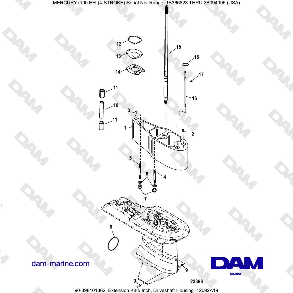Vue éclatée KIT D'EXTENSION - 5 POUCES, CARTER D'ARBRE DE TRANSMISSION 12092A19 pour moteur Mercruiser EFI 100 (4-STROKE)