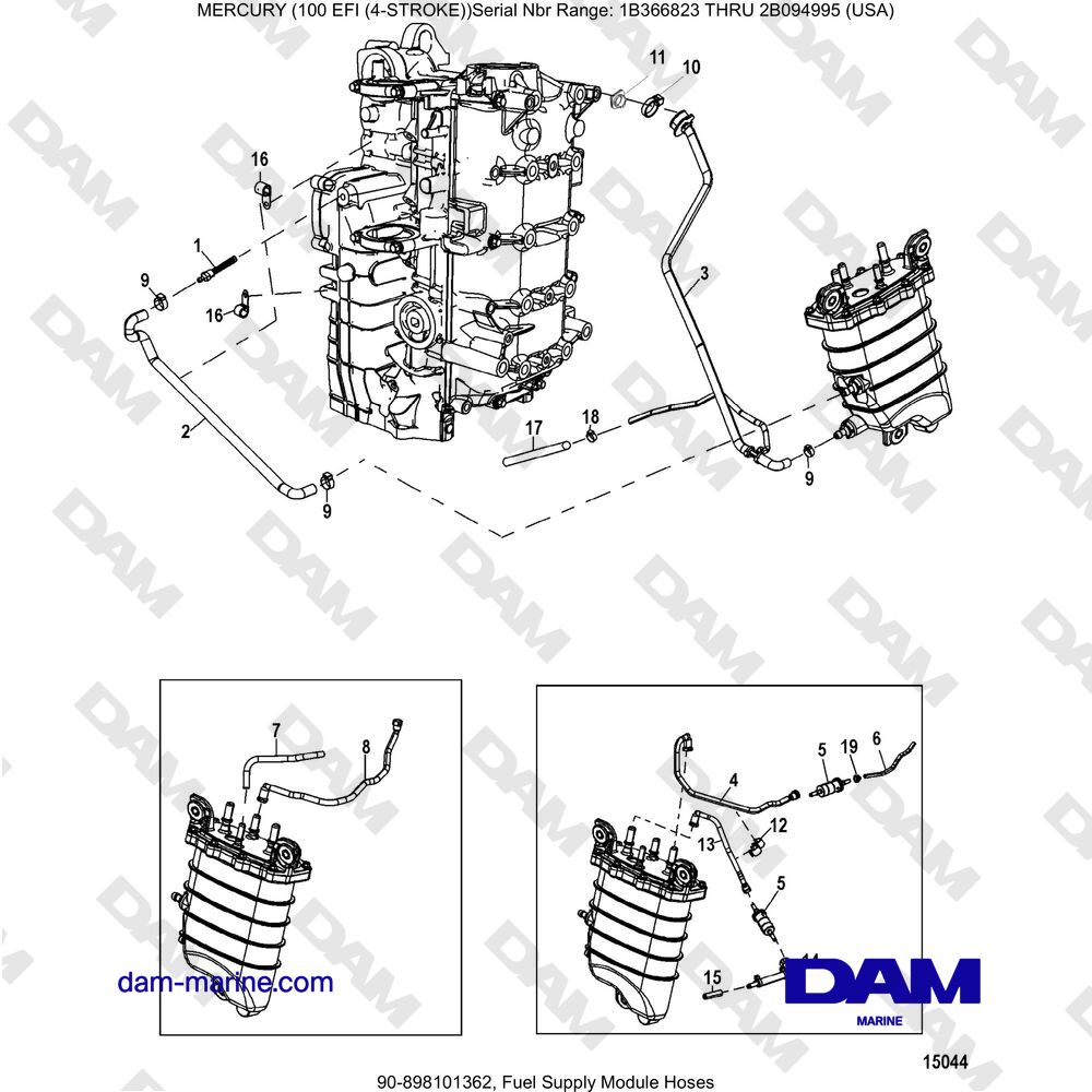 Vue éclatée TUYAUX DU MODULE D'ALIMENTATION EN CARBURANT pour moteur Mercruiser EFI 100 (4-STROKE)