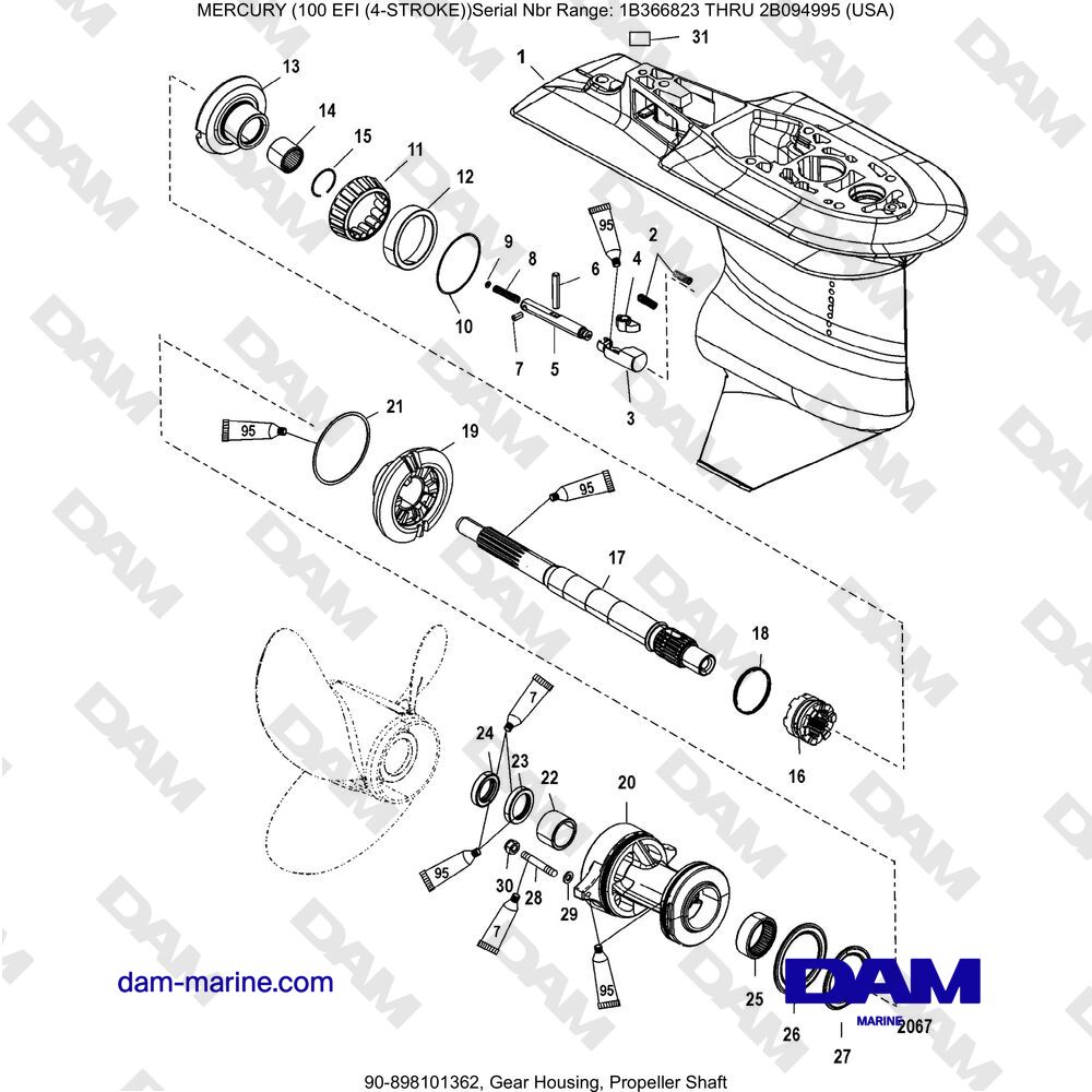 Vue éclatée CARTER D'ENGRENAGES, ARBRE D'HÉLICE pour moteur Mercruiser EFI 100 (4-STROKE)