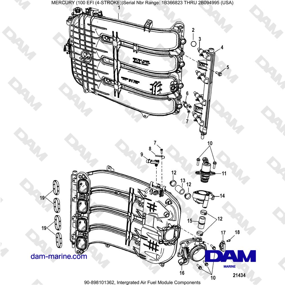 Vue éclatée COMPOSANTS DU MODULE AIR-CARBURANT INTÉGRÉ pour moteur Mercruiser EFI 100 (4-STROKE)