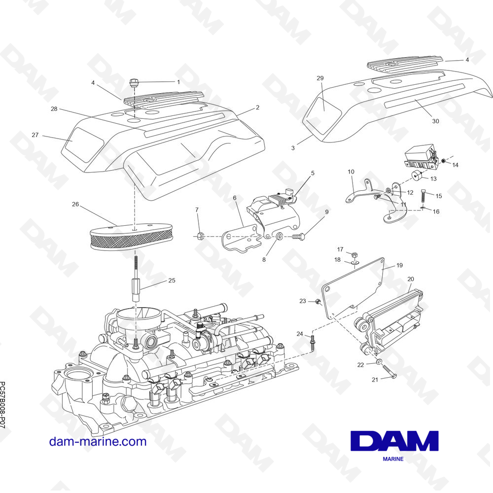Vue éclatée COMPOSANTS DU COLLECTEUR D'ADMISSION pour moteur PCM Excalibur 330 (2002 & -)