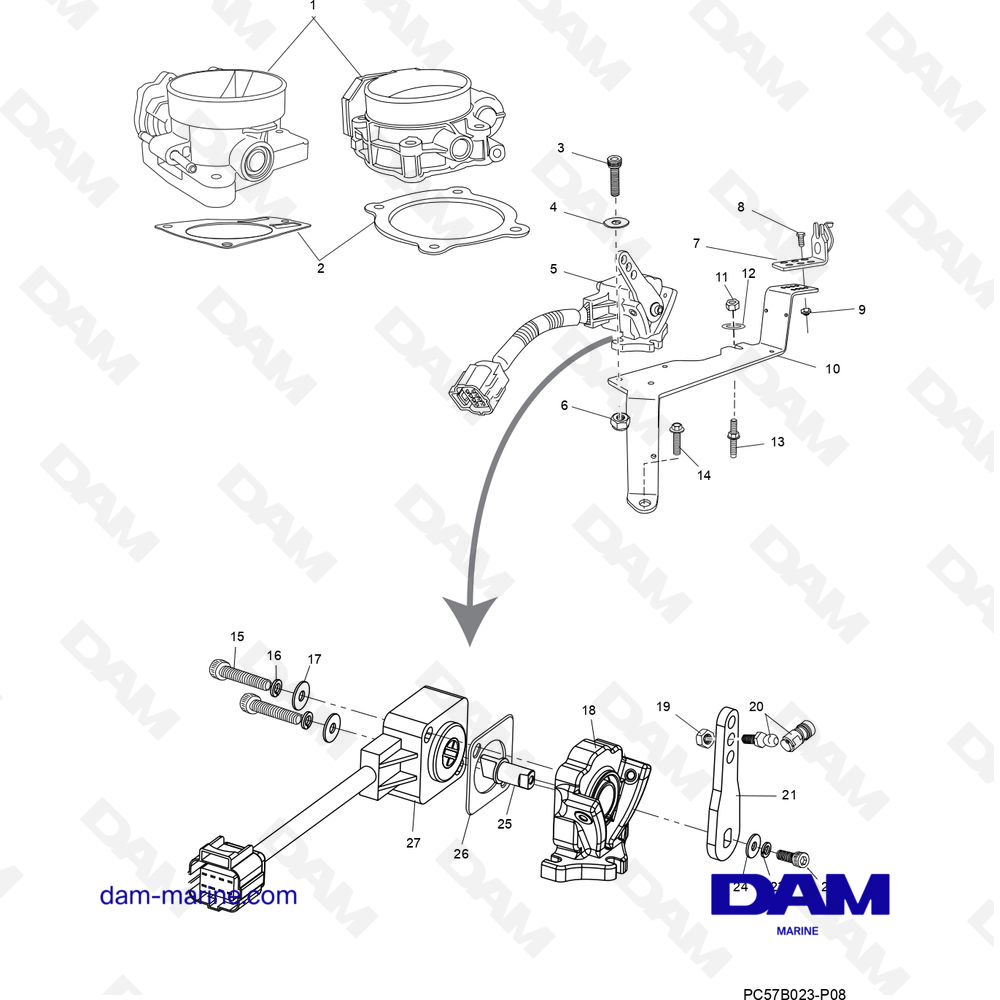 Vue éclatée CORPS DE PAPILLON pour moteur PCM Excalibur 330 (2002 & -)