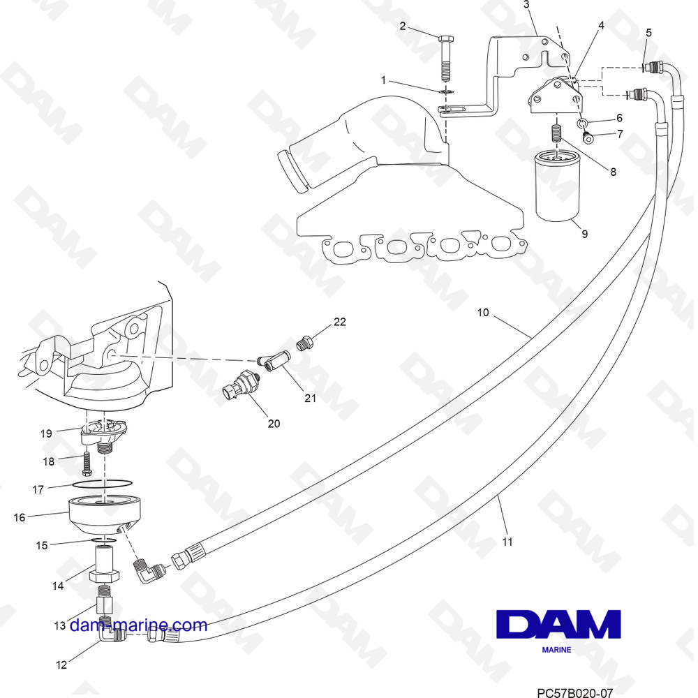 Vue éclatée FILTRE À HUILE DÉPORTÉ pour moteur PCM Excalibur 330 (2002 & -)