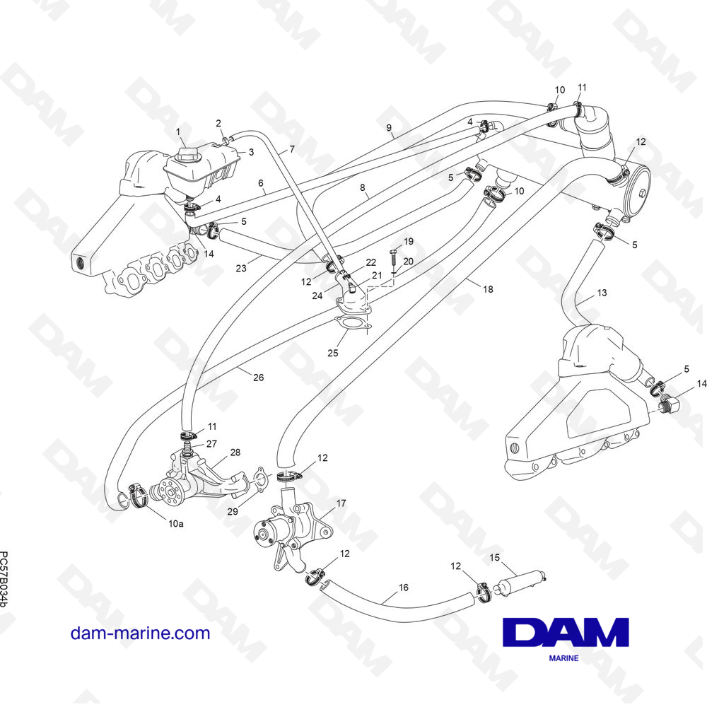Vue éclatée SYSTÈME DE REFROIDISSEMENT À EAU DOUCE pour moteur PCM Excalibur 330 (2002 & -)