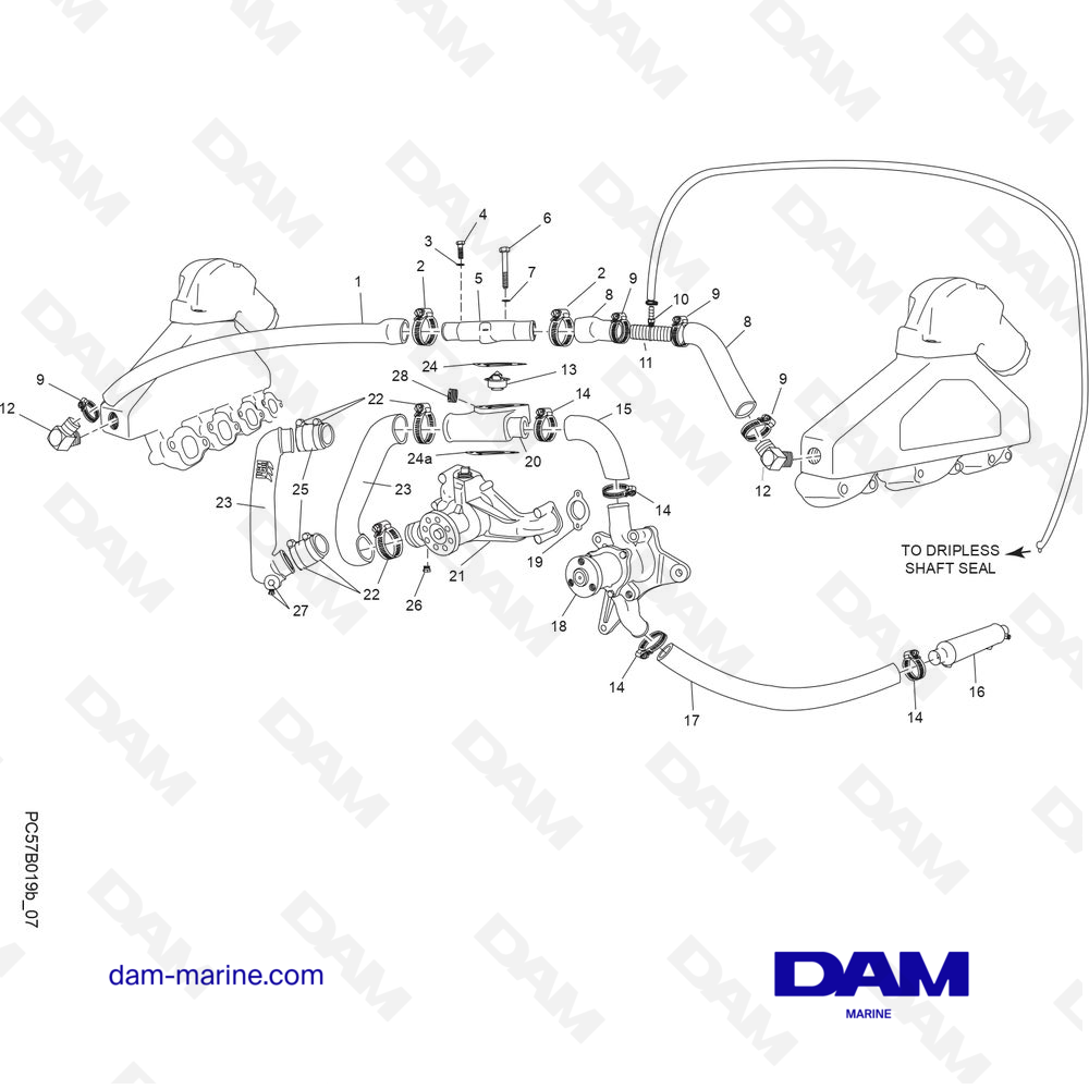 Vue éclatée SYSTÈME DE REFROIDISSEMENT À EAU BRUTE pour moteur PCM Excalibur 330 (2002 & -)