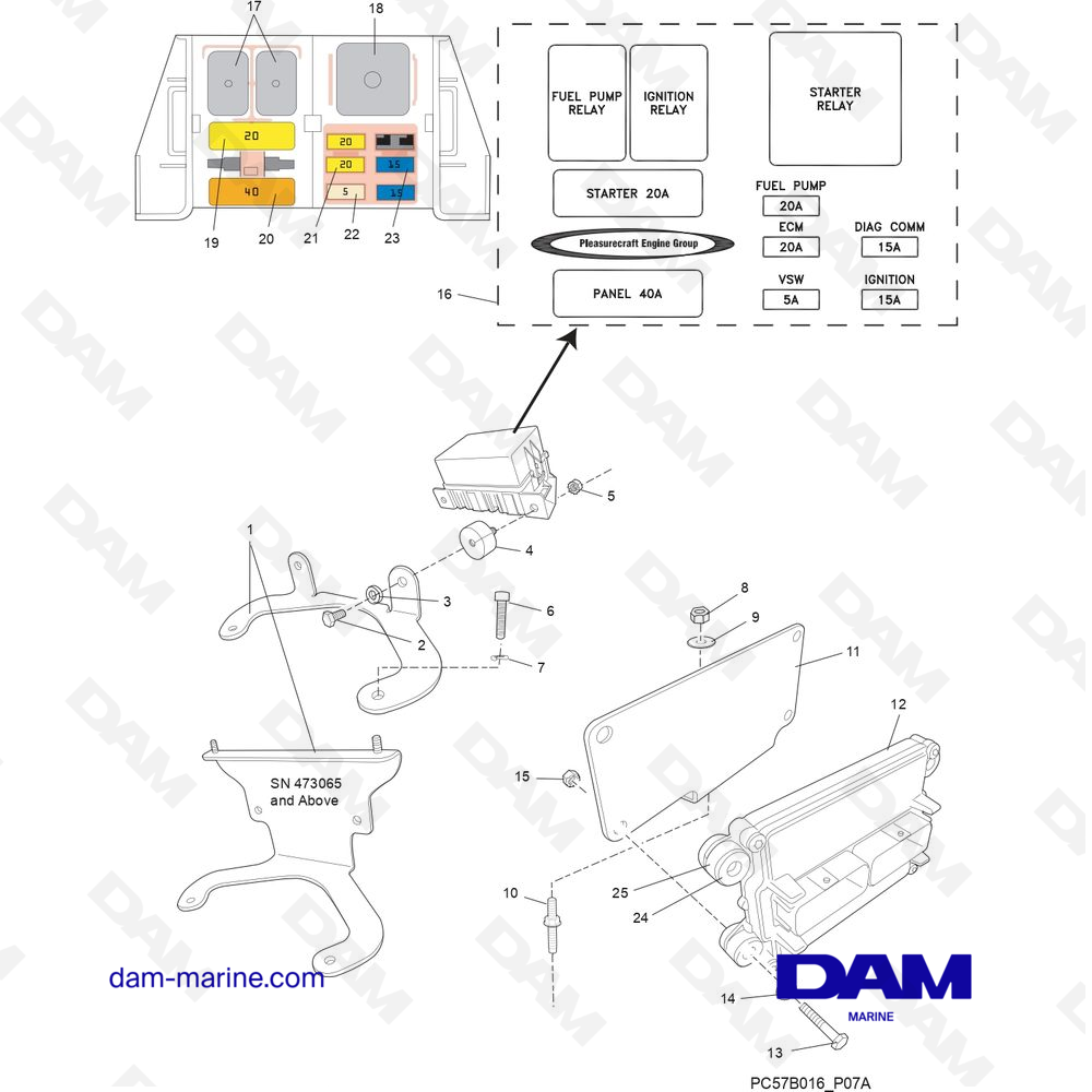 Vue éclatée ECM ET RELAIS pour moteur PCM Excalibur 330 (2002 & -)