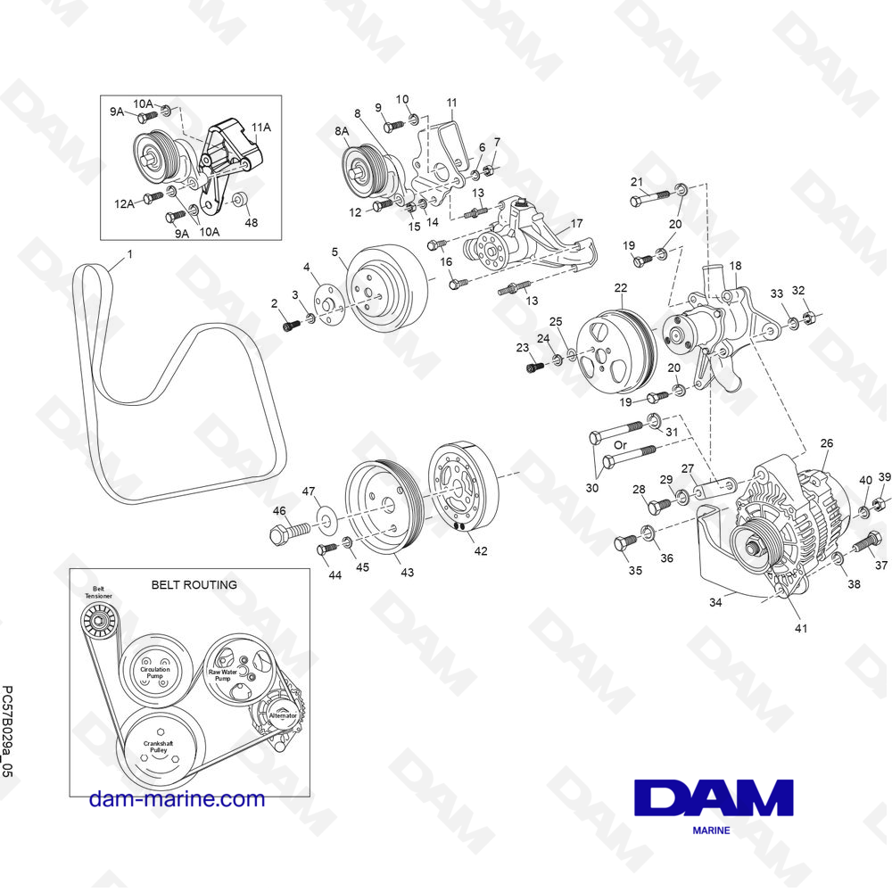 Vue éclatée COMPOSANTS DU SYSTÈME D'ENTRAÎNEMENT DES ACCESSOIRES pour moteur PCM Excalibur 330 (2002 & -)