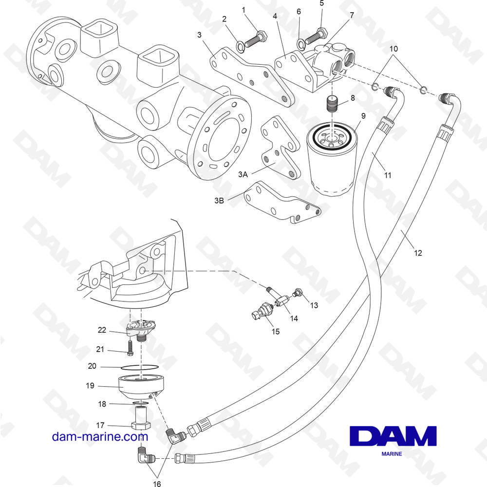 Vue éclatée COMPOSANTS DE FILTRE À HUILE À DISTANCE CES pour moteur PCM Excalibur 343 (2010 - 2012)