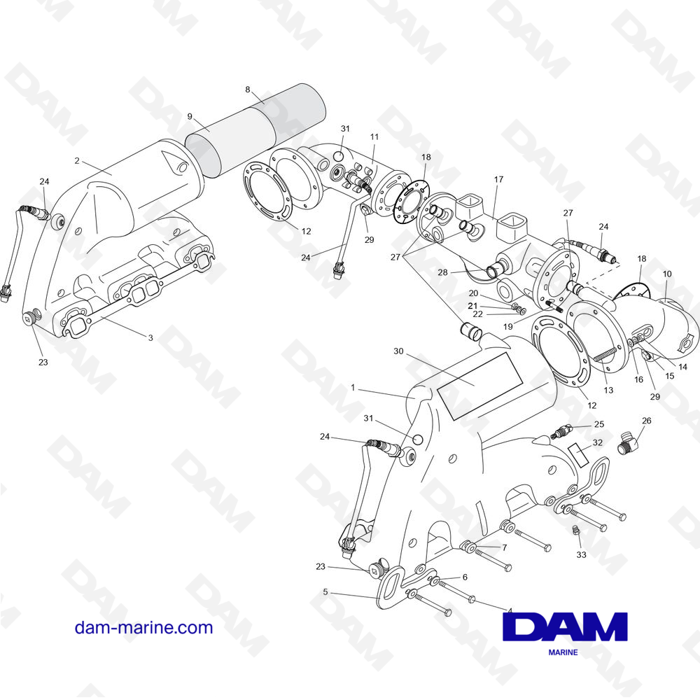 Vue éclatée COLLECTEUR D'ÉCHAPPEMENT ET COMPOSANTS PCM EXCALIBUR 343 2010-2012 - CES pour moteur PCM Excalibur 343 (2010 - 2012)