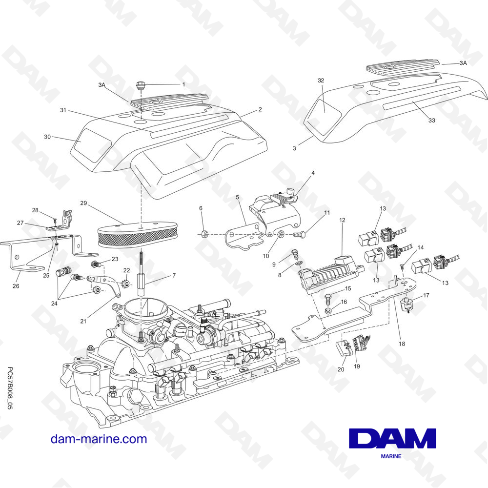 Vue éclatée COMPOSANTS DU COLLECTEUR D'ADMISSION pour moteur PCM Excalibur 330 (2002 - 2005)