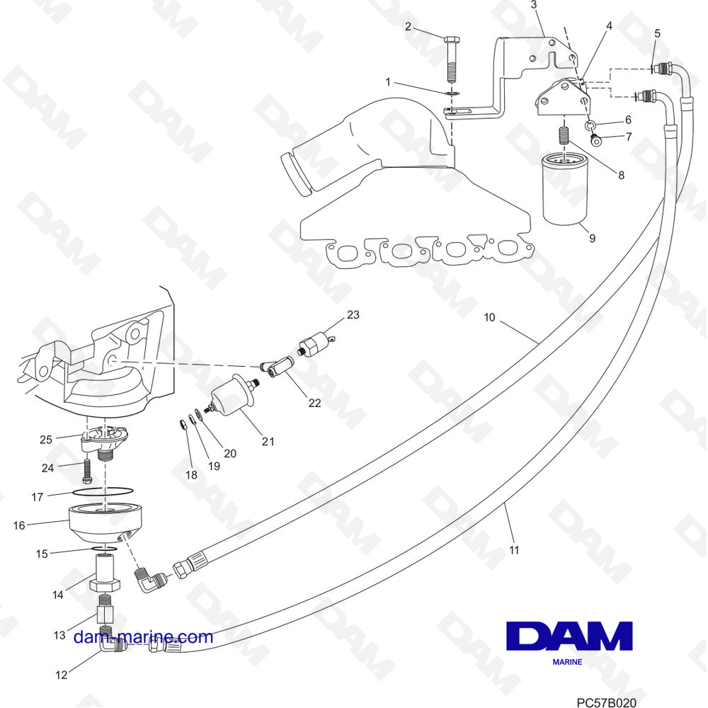 Vue éclatée PCM EXCALIBUR 02-05 - FILTRE À HUILE DÉPORTÉ (02-04) pour moteur PCM Excalibur 330 (2002 - 2005)