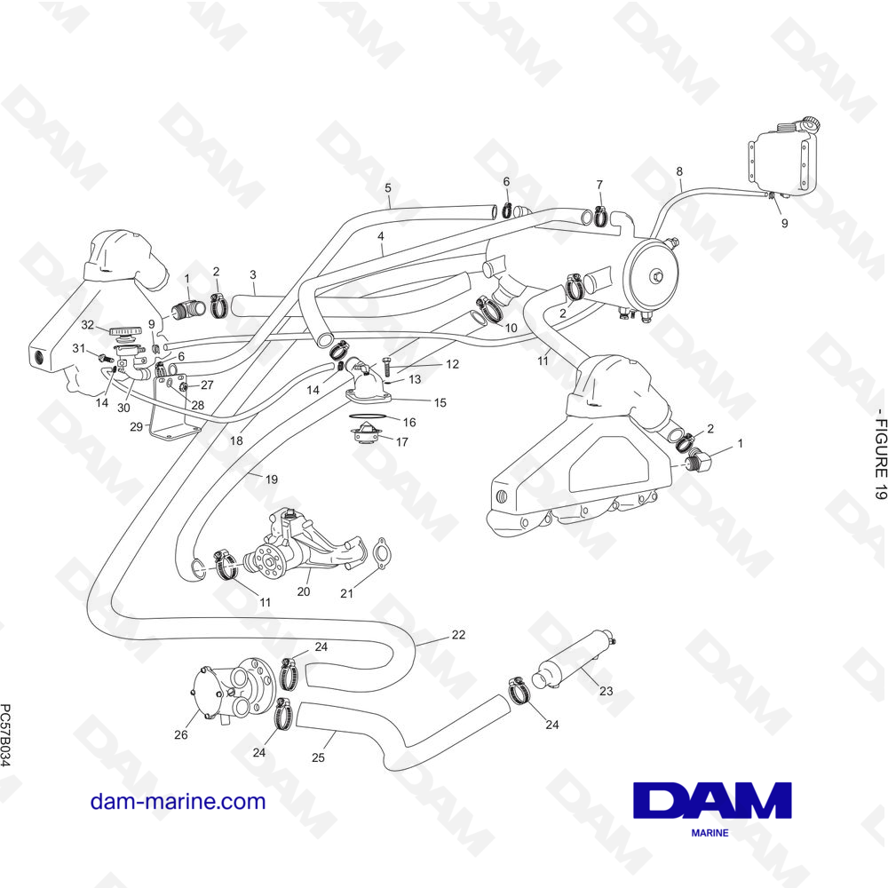 Vue éclatée SYSTÈME DE REFROIDISSEMENT À EAU DOUCE pour moteur PCM Excalibur 330 (2002 - 2005)