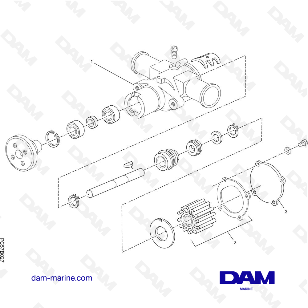 Vue éclatée POMPE DE REFROIDISSEMENT À EAU BRUTE pour moteur PCM Excalibur 330 (2002 - 2005)