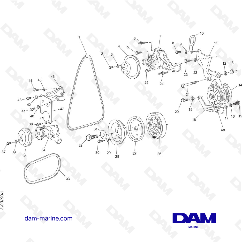 Vue éclatée COMPOSANTS DU SYSTÈME D'ENTRAÎNEMENT DES ACCESSOIRES pour moteur PCM Excalibur 330 (2002 - 2005)
