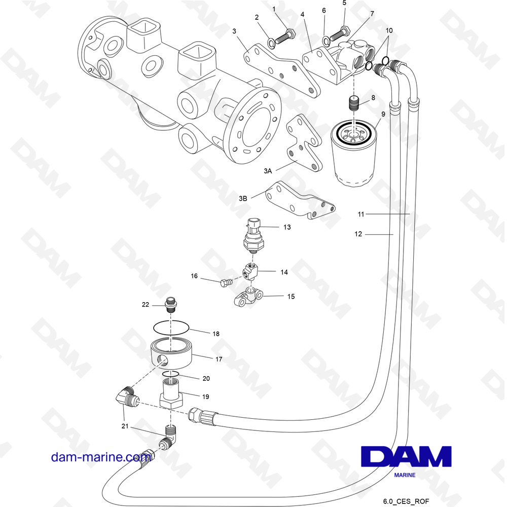 Vue éclatée COMPOSANTS DE FILTRE À HUILE À DISTANCE CES pour moteur PCM ZR409 - ZR450 (2008 - 2010)