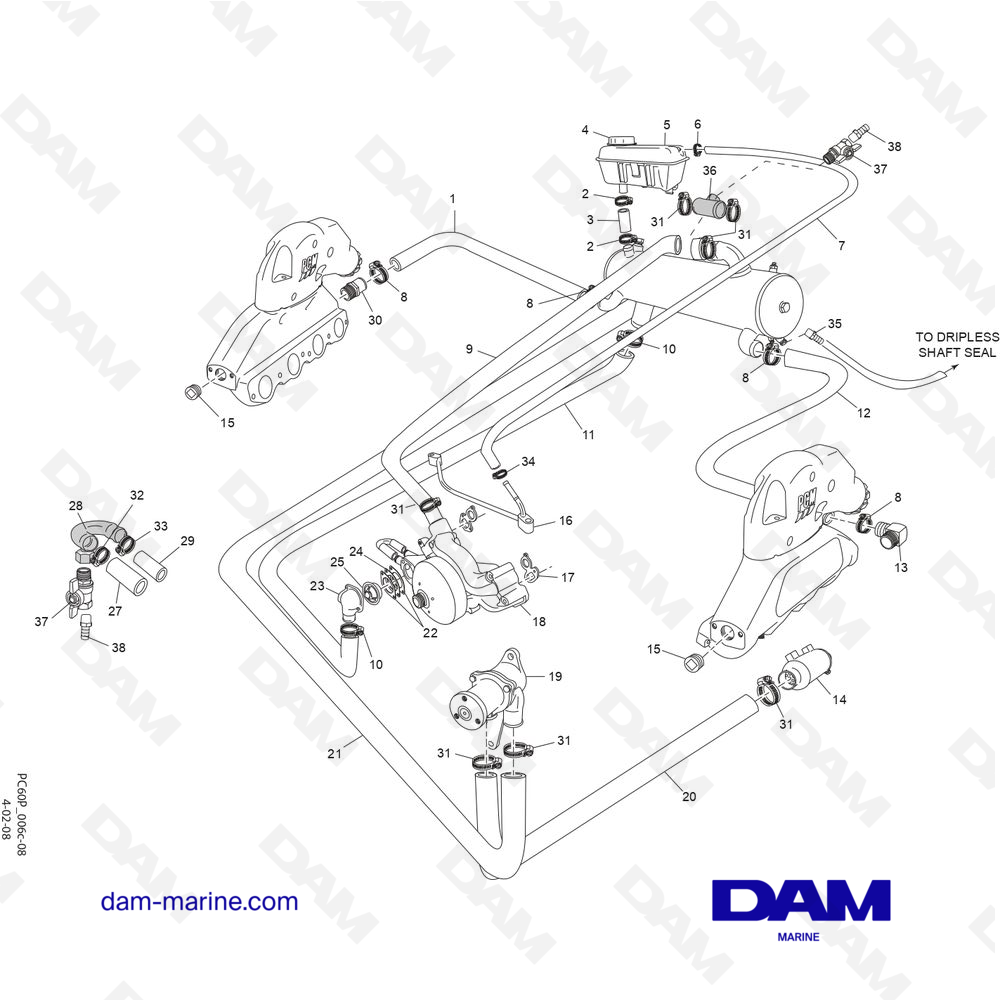 Vue éclatée COMPOSANTS DU SYSTÈME DE REFROIDISSEMENT À EAU DOUCE pour moteur PCM ZR409 - ZR450 (2008 - 2010)