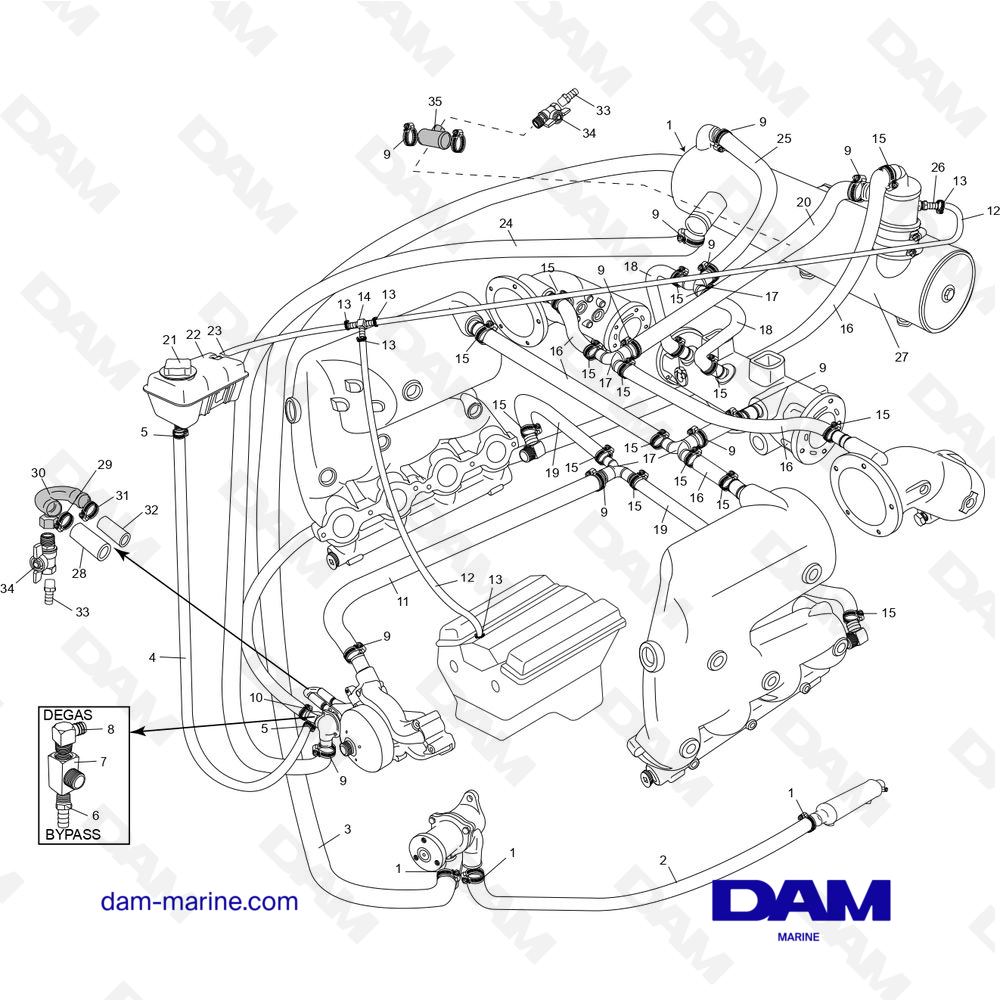 Vue éclatée COMPOSANTS DU SYSTÈME DE REFROIDISSEMENT À EAU DOUCE CES pour moteur PCM ZR409 - ZR450 (2008 - 2010)
