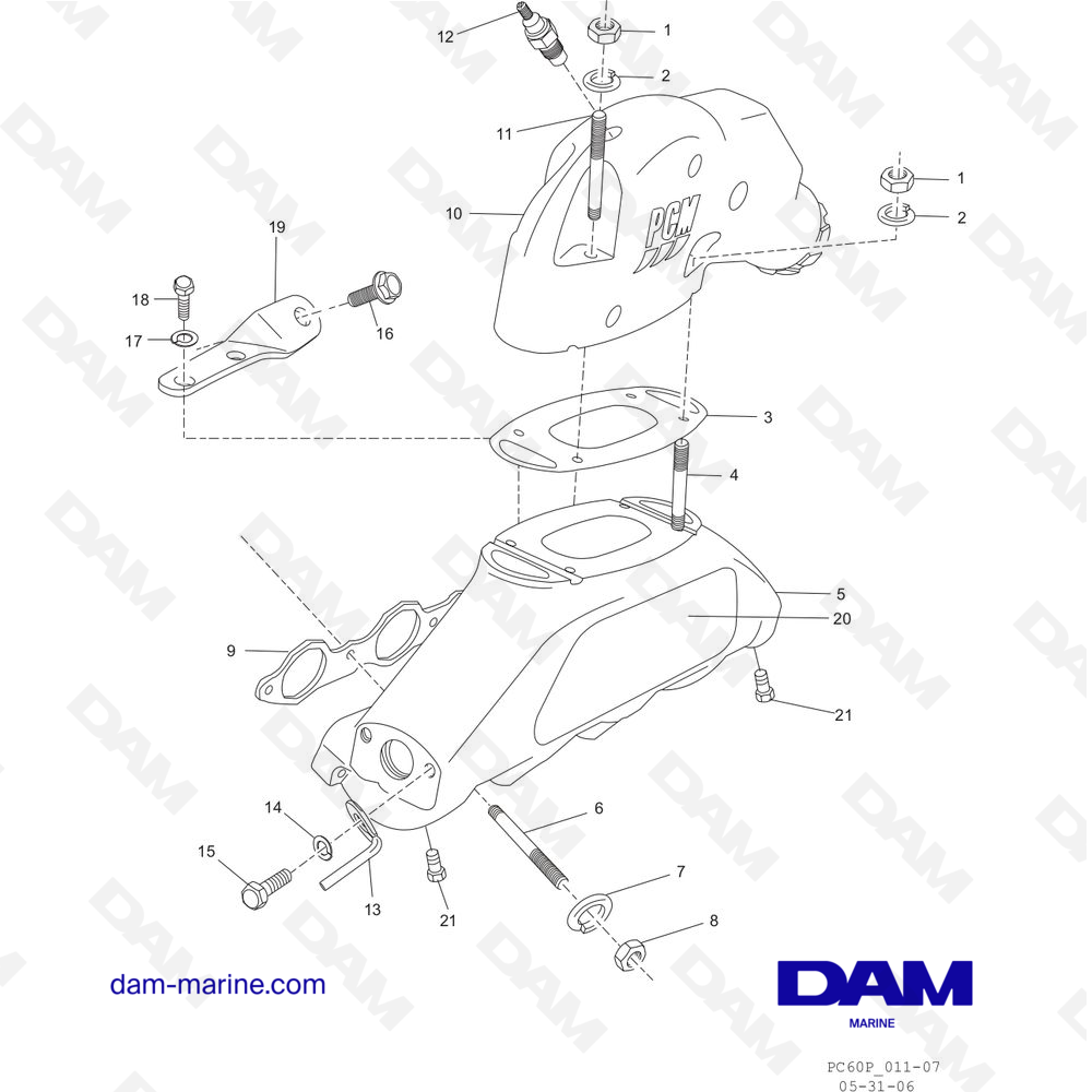 Vue éclatée COLLECTEUR D'ÉCHAPPEMENT ET COMPOSANTS pour moteur PCM ZR409 - ZR450 (2008 - 2010)