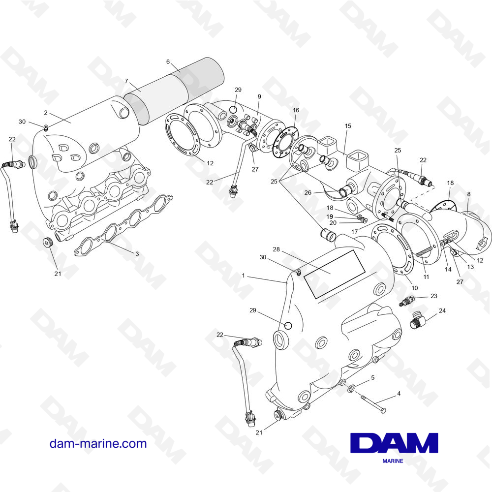Vue éclatée COLLECTEUR D'ÉCHAPPEMENT ET COMPOSANTS CES pour moteur PCM ZR409 - ZR450 (2008 - 2010)