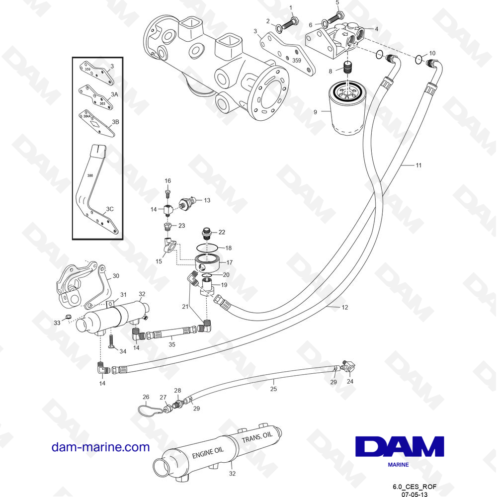 Vue éclatée COMPOSANTS DE FILTRE À HUILE À DISTANCE CES pour moteur PCM ZR409 - ZR450 (2010 & +)