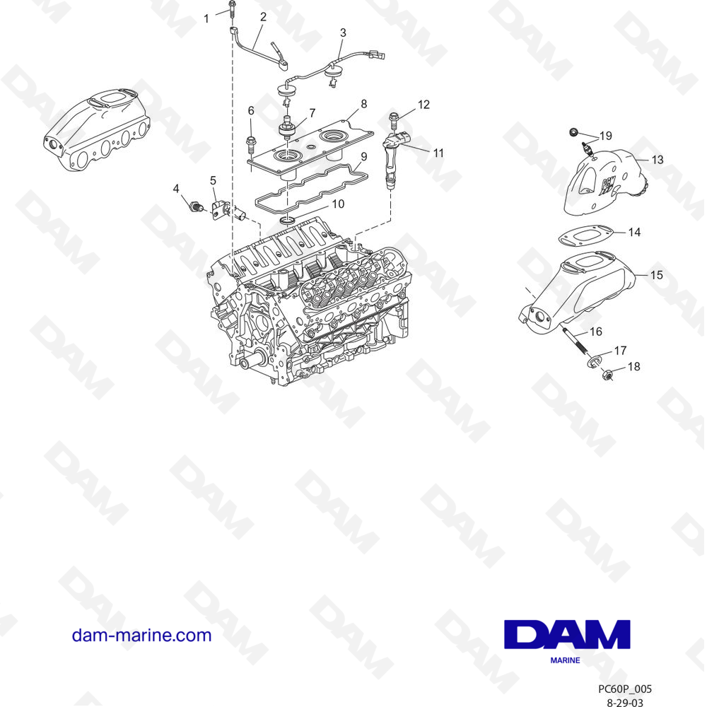 Vue éclatée CAPTEURS DE CLIQUETIS DU COLLECTEUR D'ÉCHAPPEMENT pour moteur PCM ZR6 03-05