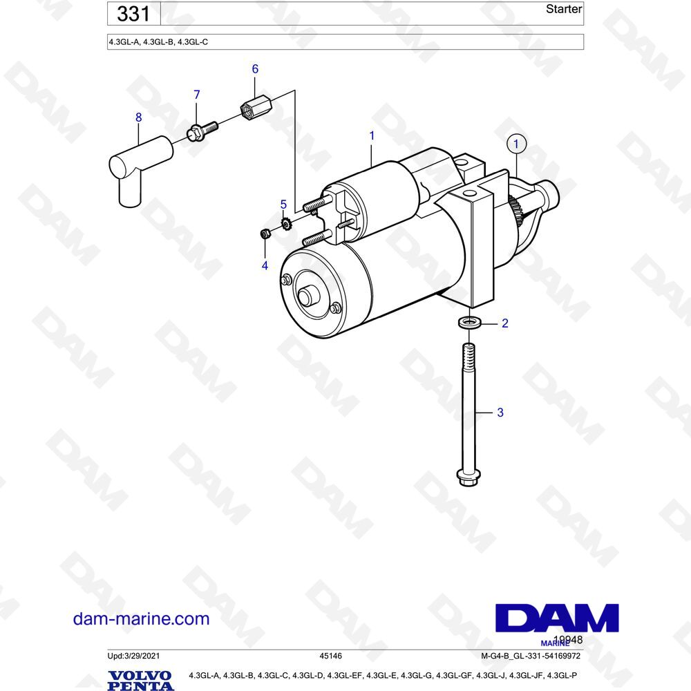 Démarreur Johnson Evinrude, Mercury, Volvo, Mercruiser, Yanmar