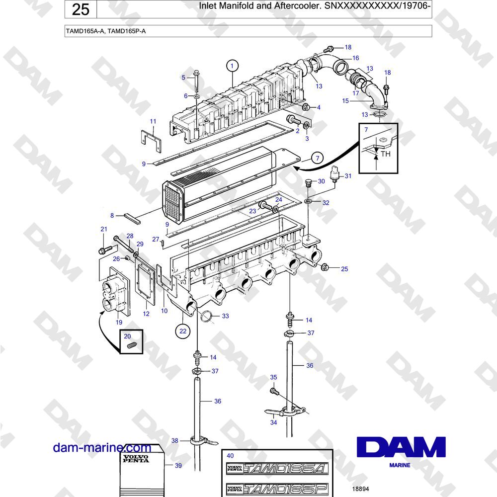 Volvo Penta TAMD165A-A, TAMD165P-A - Inlet Manifold and Aftercooler.  SNXXXXXXXXXX19706-
